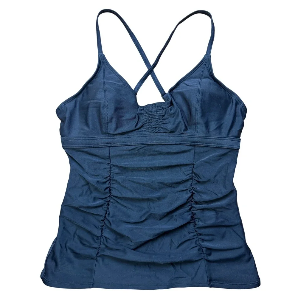 Athleta Tankini Swim Top Women 34 B/C Black Ruched Criss Cross Vacation‎ Beach